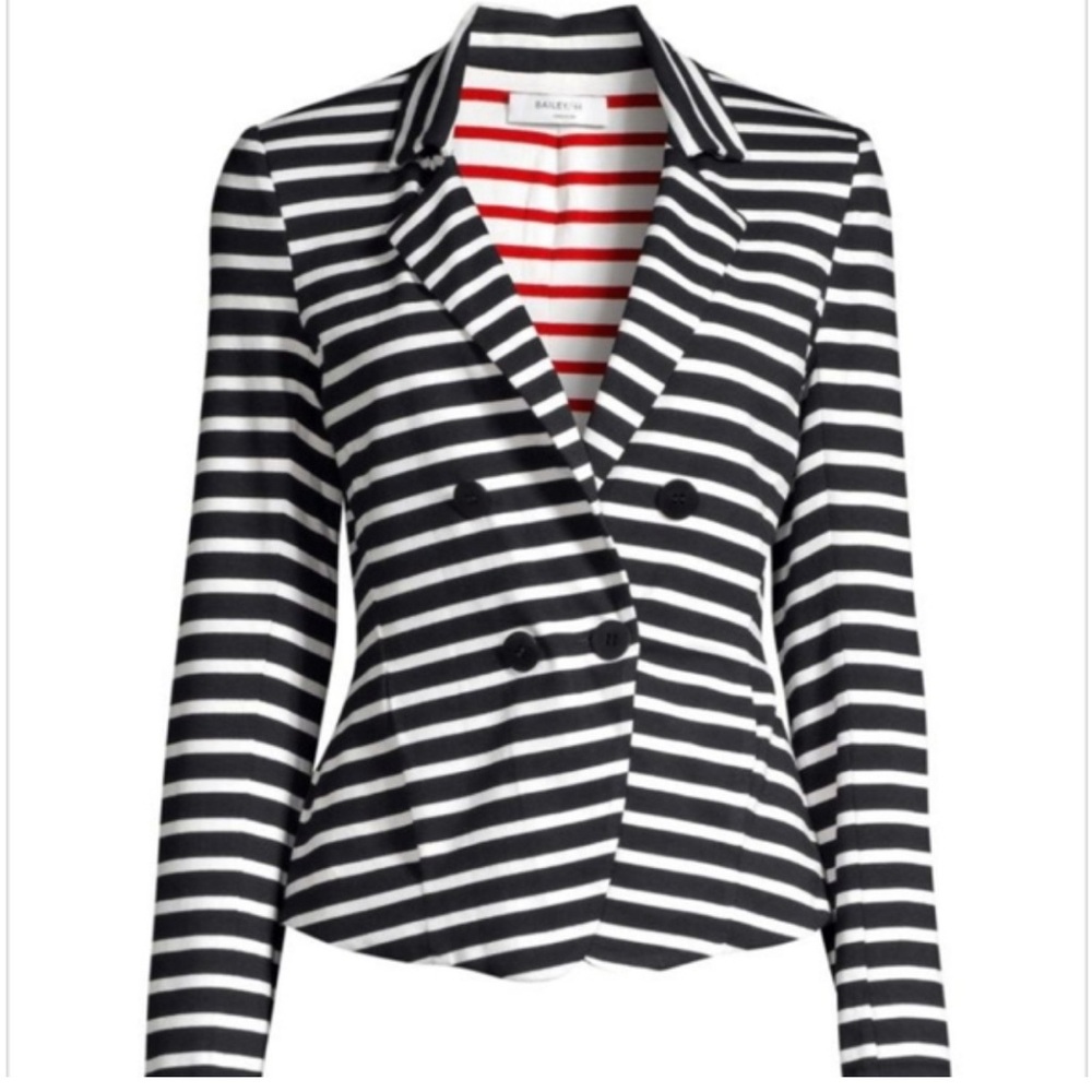 Bailey 44 Black and White Striped Double-Breasted Blazer with Red Lining